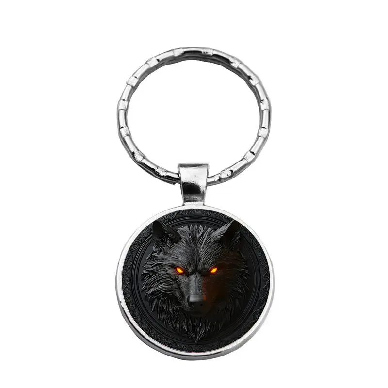 Black Wolf King Round Glass Alloy Pendant Keychain – Alpha Wolf Cabochon Charm, Durable Keyring & Bag Accessory for Men & Women